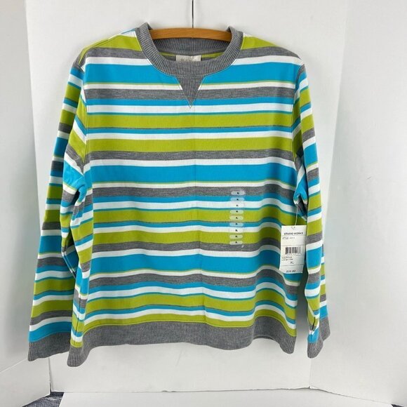 Style Works Crewneck Pullover  Stripped Sweatshirt XL Gray Green Blue - Picture 1 of 7